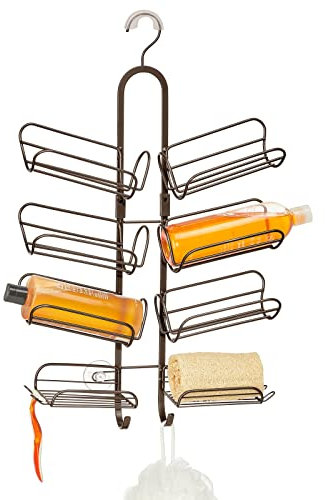 mDesign Hanging Metal Shower Caddy - Bottle Organizer Shelf with Hooks for Shower, Bath - Hanging Shower Caddy Rack for Shampoo, Conditioner - Shower Hanging Organizer - Concerto Collection - Bronze