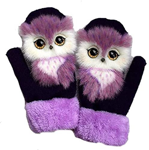 Cute Animal Mittens,Cartoon Tier Handschuhe Fäustlinge Frauen,Winterhandschuhe,Warm,Gestrickt,Weich, Fahrradhandschuhe,Strickhandschuhe für Damen,Stretchhandschuhe (Lila-Eule, One Size)
