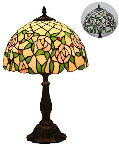Uziqueif Vintage Tiffany Style Tischlampe W12 H19 Zoll, E27 Handcraft Sonnenblume/Tulpe/Rose Glasmalerei Lampenschirme Tischlampen für Schlafzimmer Wohnzimmer Nachttischlampe Office, Rose A