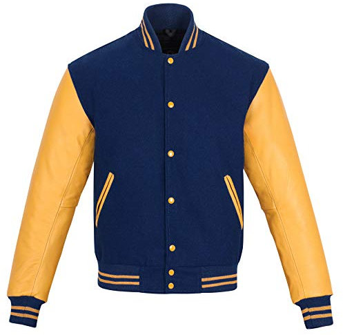 Sledwise Varsity Jacket Baseball Letterman Jacke - Wolle und Leder Premium Qualität Uni Basketball Jacke, Marineblau / Gold, 6XL