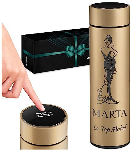 Maverton Tazza termica tè caffè 450 ml - thermos con incisione personalizzata in acciaio inox - coperchio ermetico one-touch - borraccia termica display led - per donna - gold - Top Model