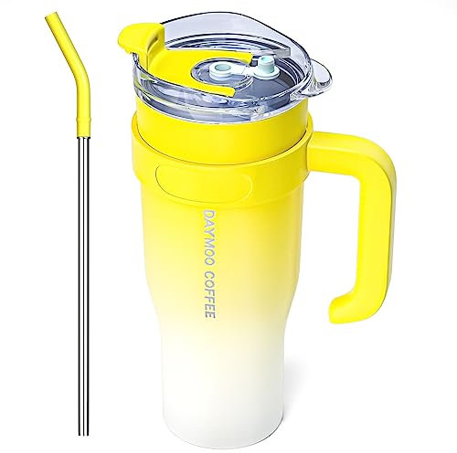 DAYMOO Mug isotherme avec paille et Poignée, Gobelet avec Paille et Couvercle, Tasse Thermos en Acier Inoxydable, Thermos Café Mug avec Couvercle, asse de Voyage Chaud ou Froid - 1.2 L, Jaune Blanc