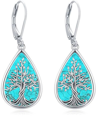 Eusense Pendientes Árbol de la Vida Plata de Ley 925 Con Turquesa - Colgantes Gota de Agua - Joyería Regalo para Mujeres y Niñas