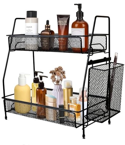 ManGotree Bathroom Countertop Organizer, 2-Tier Spice Storage Rack, Vanity Organizer with Toiletries Basket, Kitchen Counter Shelf for Bathroom, Kitchen, Bedroom, Offices (Black)