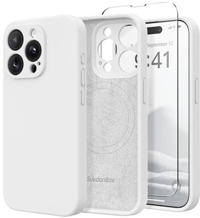 SuydanBox Custodia magnetica per iPhone 15 Pro Max, Compatibile con MagSafe,[Protezione delle Lenti][Protezione per lo schermo] Custodia protettiva antiurto in silicone per iPhone 15 Pro Max, Bianco