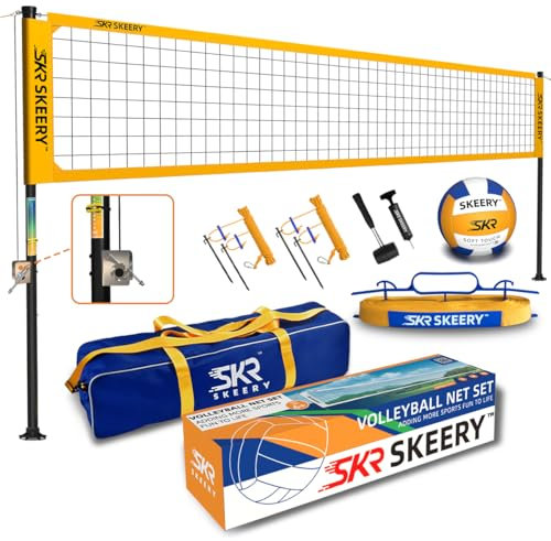 SKEERY Volleyballnetz, kräftiges Set für den Außenbereich, Design, das es straff, verstellbare Aluminiumpfosten, tragbares Volleyballnetz für Garten, Rasen und Strand hält (gelb)