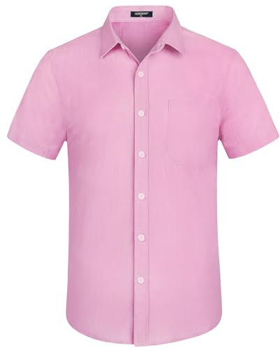 HISDERN Camicia Lino Uomo Estiva Casual Rosa Camicie Maniche Corte Colore Solido Camicia con Tasca per Spiaggia Vacanza Regular Fit 2XL