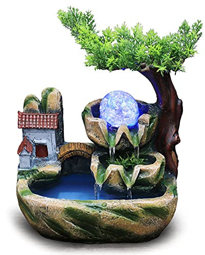 HarBin-Star Zimmerbrunnen mit LED Beleuchtung, Tischbrunnen Wasserfall mit Nebel, GartenAquariumHarz Desktop-Brunnen, Grüne Pflanze Brunnen, Zimmerbrunnen 25 x20 x 15 cm