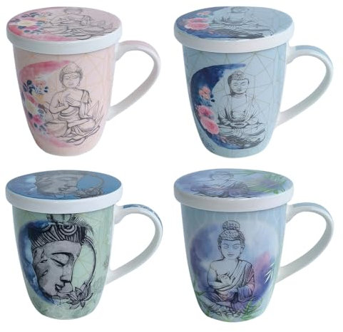 ROCKING GIFTS Taza Mug Té Tisana de Porcelana con Tapa y Filtro Infusor Diseño de Buda, Modelo Surtido (1 Unidad), con Caja de Regalo, 12 cm