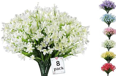Siganorpy 8 Pcs Artificial Daffodils Flowers Outdoor Table Vase Artificial Flowers Resistant Fake Flowers Faux Flowers Shrubs for Indoor Outside Garden Porch Window Box Home Decoration (White)