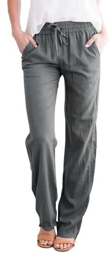 Cegerne Damen Leinenhose Lang Leicht Sommerhose Mittelalter Musselin Loose Fit Casual Stoffhose Urlaub Strand, 1-Dunkelgrau, S