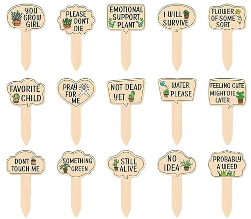 Funny Plant Markers, Funny Wooden Plant Markers, Pack of 15 Wooden Garden Stakes, Wooden Garden Stakes for Garden Lovers, Plant Labels for Indoor and Outdoor Use for Potted Plants