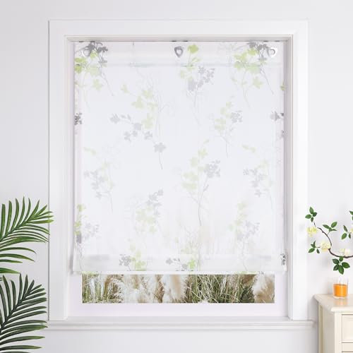 Yujiao Mao Ösenrollo mit Blumendruck modern landhausstil halbtransparenter Raffrollo mit hakenaufhängung für Fenster 1 Stück, grün BxH 140x140cm