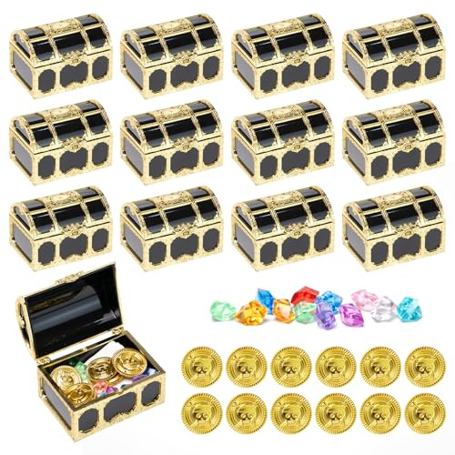 UTMACH 12 Piezas Mini Cofre Pirata Plástico,12 Gemas y 12 Monedas | Para guardar objetos, en un escritorio, mini cofre pirata, caja pirata creativa, tapa abatible