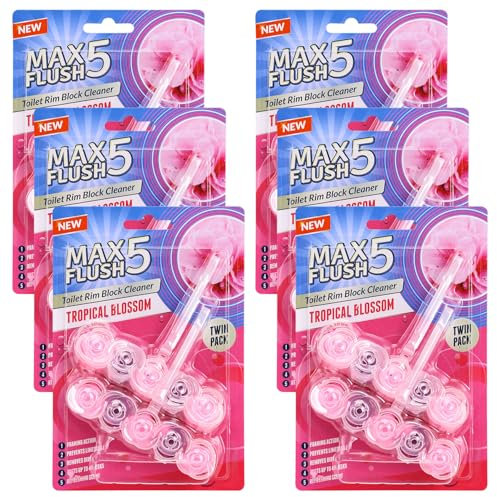 6 Pack Max Flush 5 Tropical Blossom Toilet Rim Block Cleaner (Twin Pack), Clear Water Toilet Rim Block with Anti-Limescale, Cleaning Foam, Dirt Protection and Extra Freshness