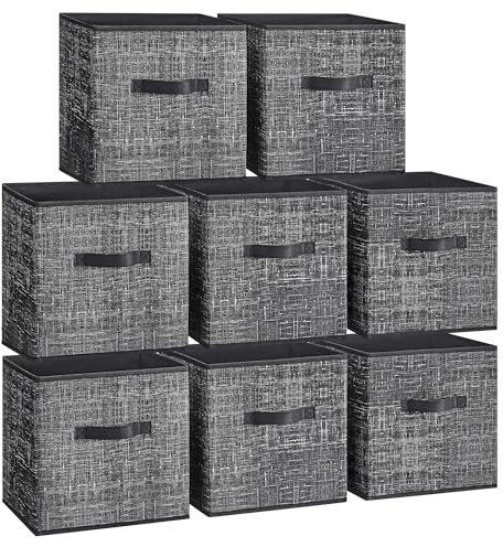 SONGMICS Storage Cubes, 30 cm Non-Woven Fabric Bins with Double Handles, Set of 8, Wardrobe Organisers for Shelves, Foldable, for Clothes, Ink Black ROB830B01