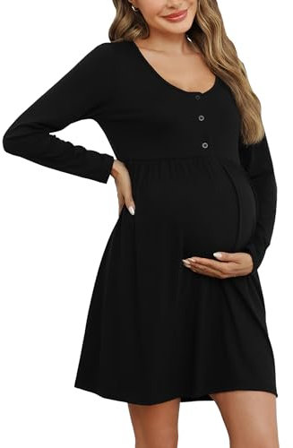 Bresdk Camisones de Mujer Manga Larga con Botones Camison Lactancia Hospital Ropa Premama Embarazada, Negro, L