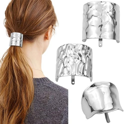 3 Pcs Metal Hair Cuffs with Decorative Rings - Lava High Buckle Ponytail Holders, Hair Clips for Long Hair, Hair Accessories for Women (Silver)