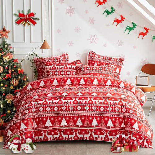 Freyamy Weihnachts Bettwäsche Set 135x200cm Rot Weiß Weihnachtselch Bettwaren-Sets Junge Mädchen Weihnachtsmotive Deckenbezug Mikrofaser Kinder Bettbezug mit Reißverschluss und Kissenbezug 80x80cm