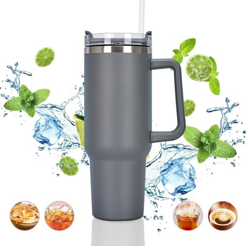 ALOUFEA Travel Mug Coffee Cup 40oz Tumbler Straw Lid and Handle, Stainless Steel Insulated Water Bottle - Leakproof, Insulated Water Bottle with Handle and Straw Cup for Home, Office, Car, Travel