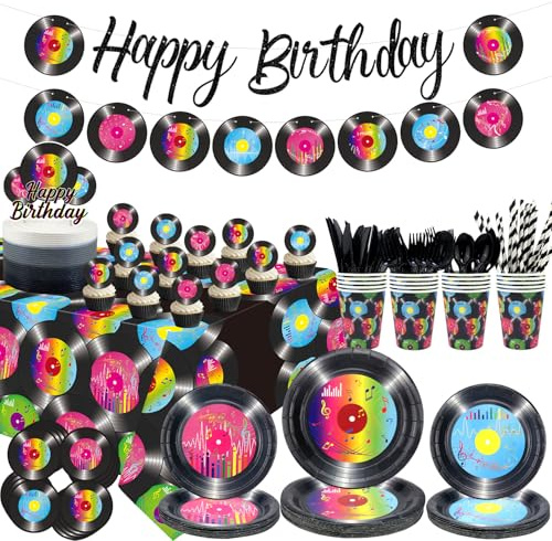 Schallplatte Geburtstag Party Dekoration, Teller Tassen Servietten Schallplatte Tischdecke Happy Birthday Banner Luftballons Kuchen Topper für 1950er Rockmusik Party Supplies
