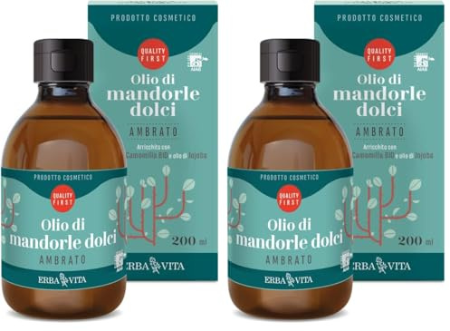 ERBA VITA Olio di mandorle dolci Ambrato arricchito con estratto di camomilla emolliente e lenitivo per la pelle (Confezione da 2)