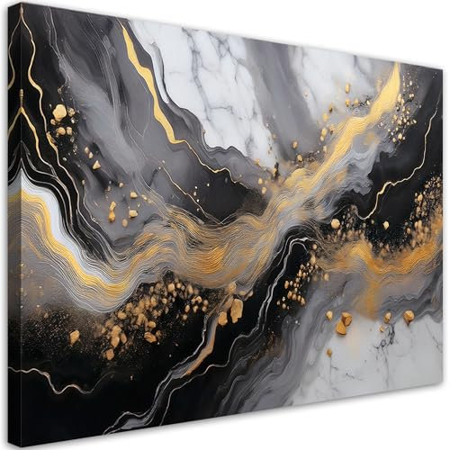 Feeby Leinwandbilder - Deko Bilder - Abstrakt Marmor Gold Schwarz - Canvas 120x80 cm XXL 1tlg- Wandbilder Schlafzimmer - Aesthetic Room Decor - Modern Wanddeko - Bild auf Leinwand - Fertig Gespannd