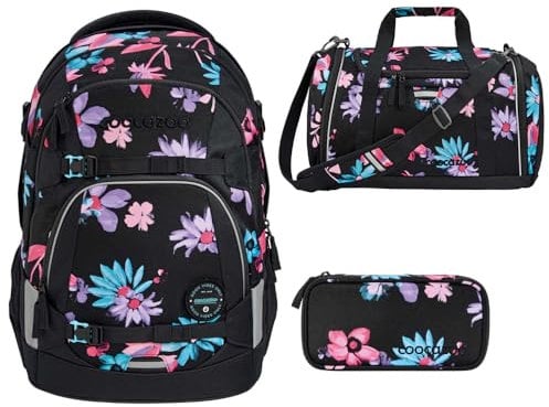 coocazoo MATE Schulrucksack-Set 3tlg inkl. Sporttasche und Schlamperbox (Floral Artnight)