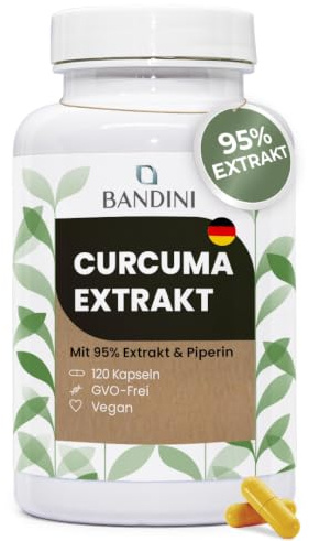 Bandini® Curkuma Extrakt | 700 mg Kurkuma pro Kapsel aus 95% Kurkuma-Extrakt — der Curcumin-Gehalt einer Kapsel entspricht 10.000 mg — mit Piperin | 120 Kapseln, 1 Kapsel/Tag für 4 Monate