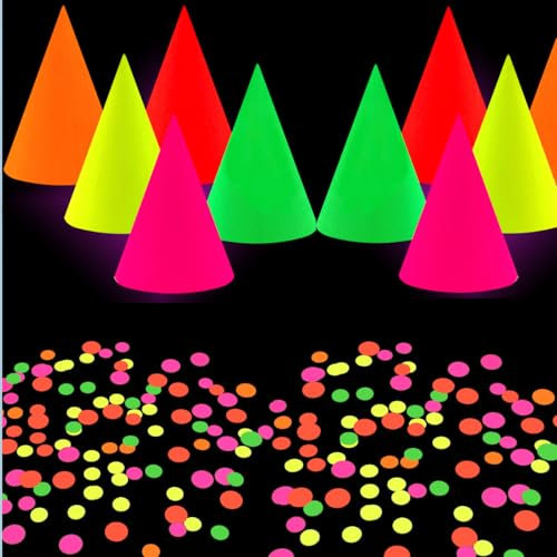 KARLOR Schwarzlicht Party Deko, 10 Neon Partyhüte+50g fluoreszierendes rundes Konfettieon, leuchtend Papier Deko Glow unter UV Licht Glow Party Zubehör Disco Party UV Papier Party Hütchen