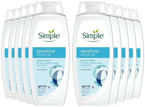 Simple Kind to Skin Sensitive Shower Gel ultra-gentle & hypoallergenic body wash for sensitive skin 450 ml Pack of 10