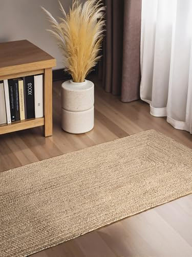 Hanse Home Juno Juteteppich - Natur Wohnzimmerteppich aus 100% Jute, Handgewebt - Robust & Pflegeleicht - Moderner, Boho Naturfaser Teppich, Natur Weiß - 80x200cm