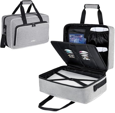 Tasche kompatibel mit PS5/PS4/PS5 Pro,Reise-Aufbewahrungstasche mit 17 Taschen und dicker Polsterung für Playstation 5 Disk Digital Edition Konsole,Controller,Spiele-Discs,Ladegerät und Zubehör,Grau