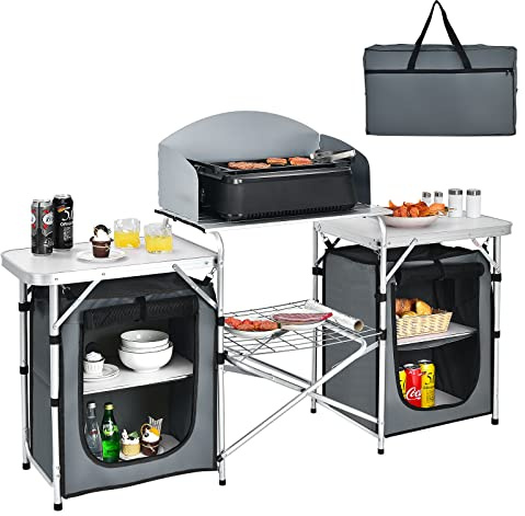 COSTWAY Mueble Cocina Camping, 2 Mesas, 4 Armarios, Mesa de BBQ, Marco de Aluminio, Armario Cocina Camping, Bolsa de Transporte, Fiesta Picnic Exterior, 172 x 48 x 110 cm