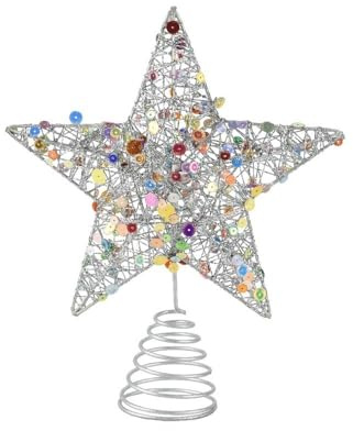 Christbaumspitze Stern mit bunten Pailletten 20cm Metall - Weihnachtsbaumspitze mit Spiralhalterung - Sternspitze Aufstecker für den Weihnachtsbaum - Christbaumschmuck & Weihnachtsbaumschmuck - Silber