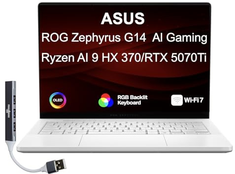 ASUS ROG Zephyrus Gaming Laptop 14 120Hz OLED 3K 500 nits DCI-P3 100% | (AMD Ryzen AI 9 HX 370, GeForce RTX 5070 Ti 12GB, 32GB LPDDR5X, 2TB SSD, Copilot, WiFi 7, RGB KB, Win11Home) w/DKZ USB Hub