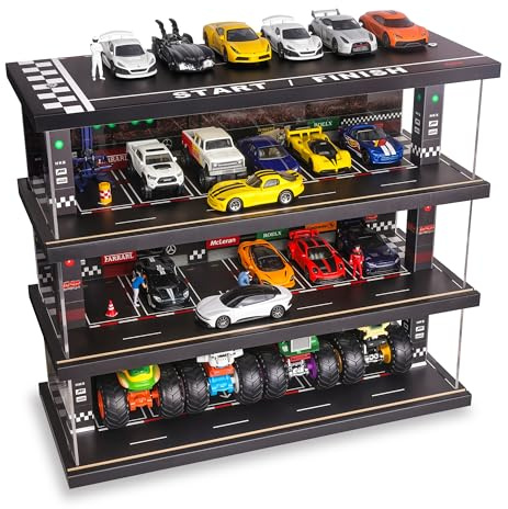Display Case for Hot Wheels: Toy Car Garage with LED Lights, Freestanding Parking Garage Diorama for 1/64 Diecast Cars, 4-Level Storage Rack with 40 Spots – Cars Not Included
