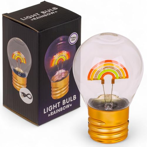 MIJOMA LED Glühbirne mit Akku & USB-C Kabel – Deko Lampe mit Motiv Rainbow | Stimmungslicht für Büro Schlafzimmer Büro – 12 x 7 cm