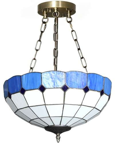HOMCOM 34 cm Tiffany Style Ceiling Light Vintage Chandelier Blue/White | Stained Glass, 3 E27 Sockets, Semi Flush Mount Pendant Light, Living Room Bedroom Hallway, Bulbs Not Included
