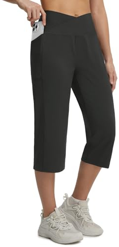 baleaf Pantalones capri para mujer con bolsillos de 18 pulgadas, pantalones de yoga recortados con cintura cruzada en V, leggings de pierna recta, para verano