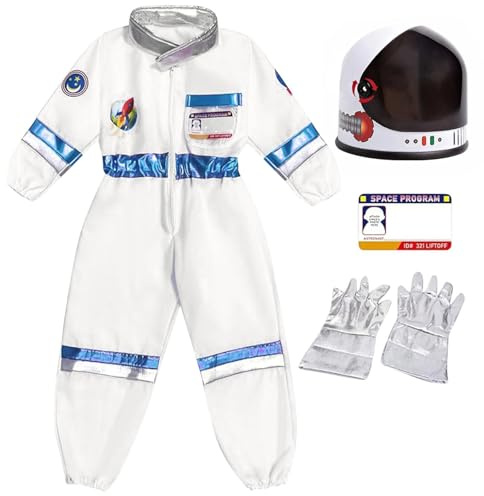 Astronauten Kostüm Kinder 140 4pcs Weiß Astronaut Kind Unisex Overall Helm Silberne Handschuhe Weltall Jumpsuit Für Mädchen Jungen Raumfahrer Spaceman Outfit Halloweenges Faschingskostüme Gelb 104 114