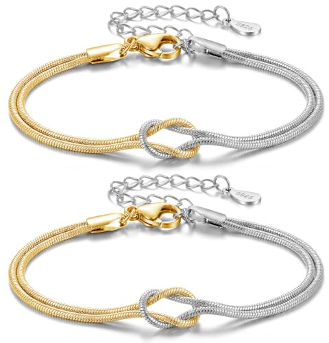 2 Stück Freundschaftsarmbänder Knoten Armband Damen, Partner Armbänder | Gold Armband Damen Silber 925 Schmuck,Freundschaftsarmband Pärchen armband,Geeignet für Partner Geschenke Freundin Geburtstag