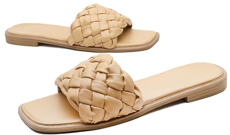 INNERSECT CO Women's Braided Flat Slide Sandals - Square Toe Open Toe Casual Summer Slippers for Beach & Daily Wear