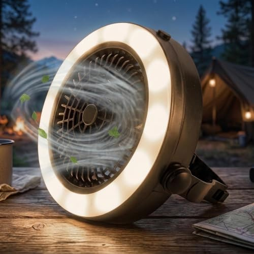 Spetebo 2in1 Campinglampe kaltweiß mit Ventilator batteriebetrieben - 18 cm | Mini Zeltventilator tragbar mit LED Beleuchtung - Zeltlampe Tischlampe Outdoor Leuchte Balkon Garten Lampe mit 3 Funktionen