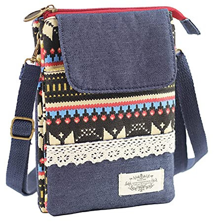 Kleine Stoff-Umhängetasche Schultertasche Kosmetiktasche Handytasche für Damen Jugendliche Baumwolle Boho Chic Style Indio Ethno Patchwork Look mit Spitze (Roter Zipper)