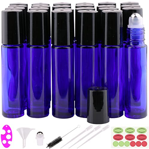 Glasrollerflaschen, 24 Packungen 10 ml, kobaltblau, ätherisches Öl Roll On Ballflaschen mit großen Edelstahlrollerbällchen + (24 Etiketten, 3 Tropfen, 1 extra Rollerbälle, 1 Flaschenöffner)