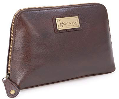 Catwalk Collection Handbags - Damen Leder Make - Up Tasche - Schminktasche Mittelgroß - Kosmetiktasche für Handtasche - Emma - Braun