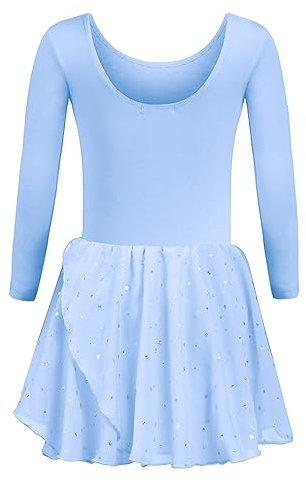 trudge Ballettkleidung Kinder Mädchen Ballettkleid Langarm Tanzkleid Baumwolle Ballettanzug mit Tütü Glitzer Ballerina Kleid Blau 120/2-3 Jahre