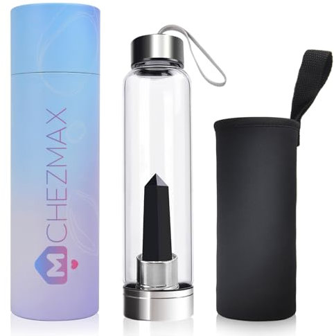 ChezMax Crystal Glass Water Bottle Energy Quartz Gemstone Water Bottle with Changeable Natural Crystal Center for Healing and Wellness