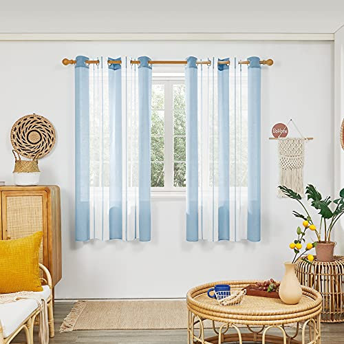 Deconovo Transparente Vorhänge mit Ösen, Stores Gardinen für Wohnzimmer, Voile Gardine in Leinenoptik Nadelstreifen, 183x140 cm(HöhexBreite), Hellblau, 2er Set